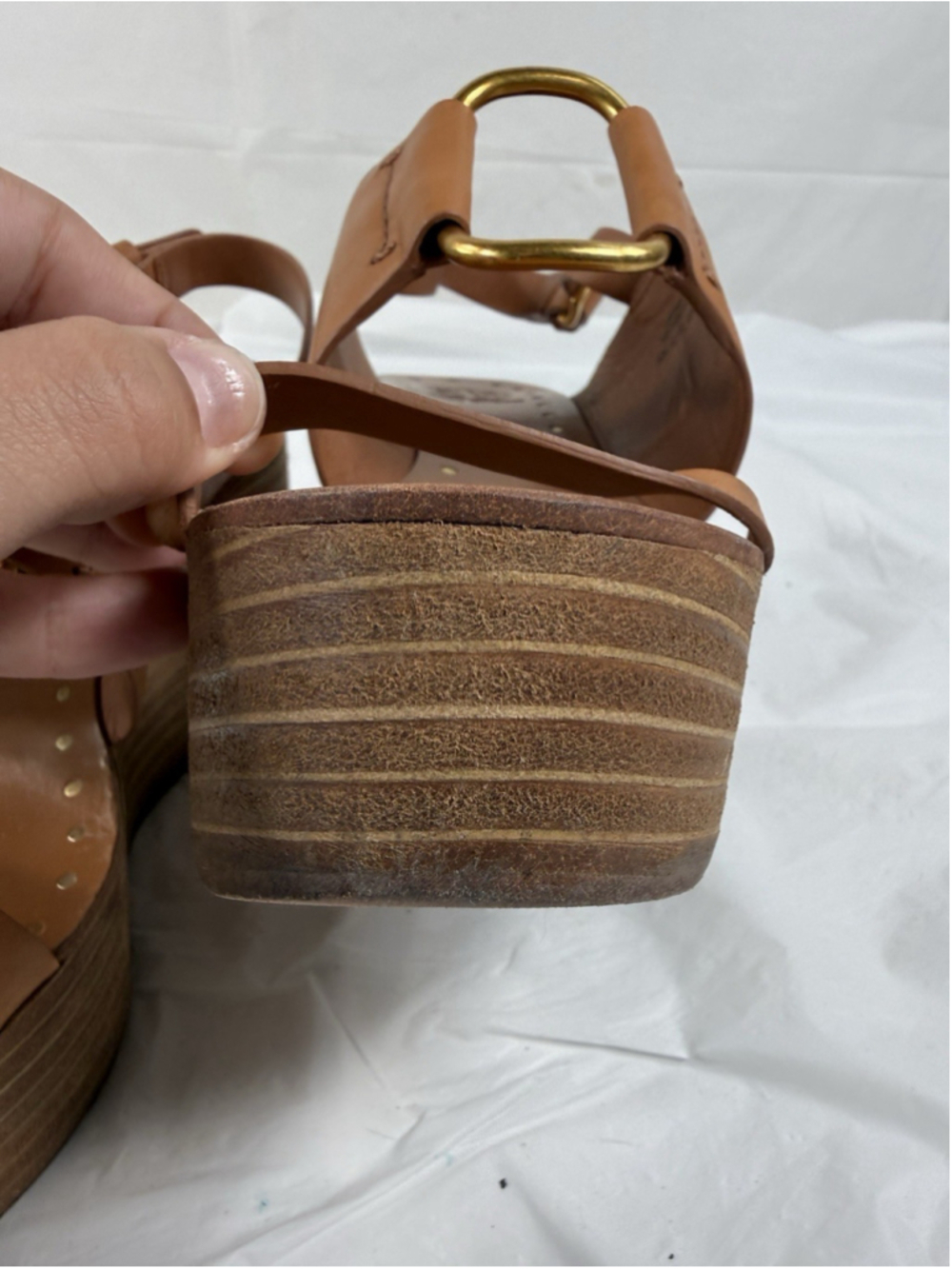 Tory Burch Ravello Tan Leather O-Ring Studded Platform Wedge Sandal size 7 - Picture 14 of 15